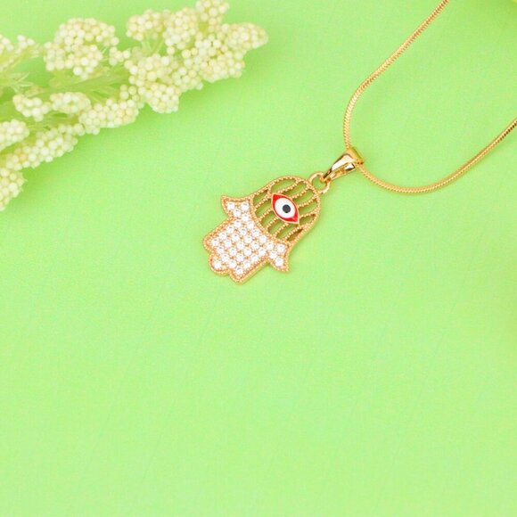 "Rose Gold Hamsa Hand Pendant with Evil Eye and Sparkling Stones, XPPT1386 - Picture 9 of 13